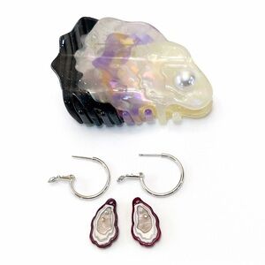 Iridescent Oyster 🦪 Hair Clip and Silver Hoop Oyster Earring Set